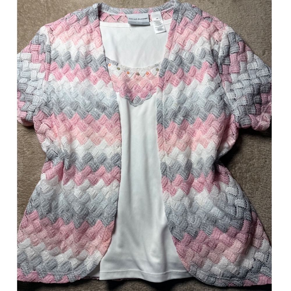 Alfred Dunner Pink Grey Chevron Knit Layered Top PM Grannycore Cottagecore